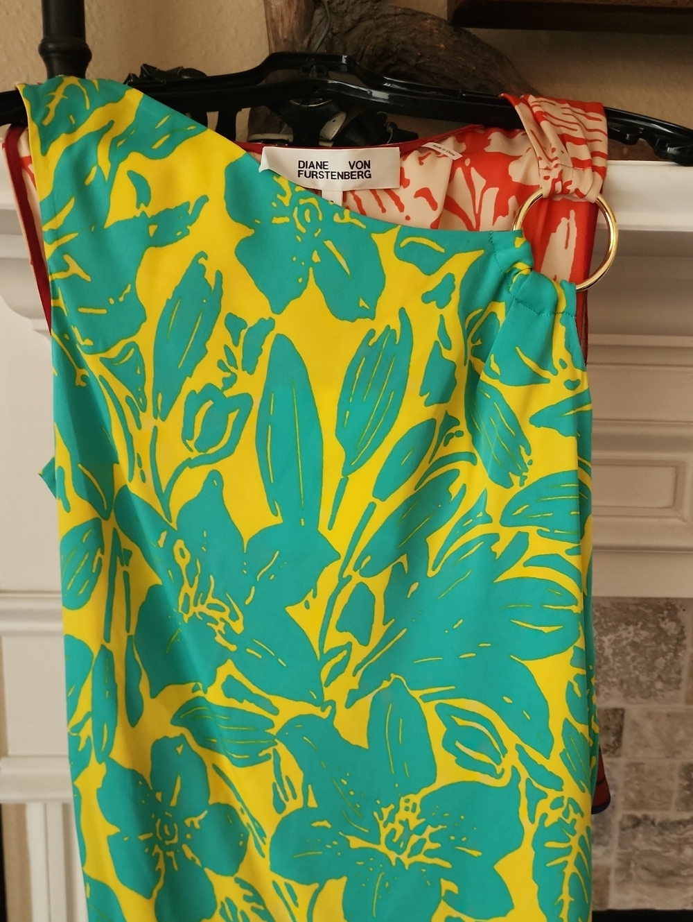 Diane Von Furstenberg Yellow and Teal Floral One-Shoulder Silk Topwith Gold Ring